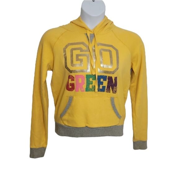 Y2K VS PINK go green hoodie bright‎ yellow distressed spellout sweatshirt S - Picture 1 of 8